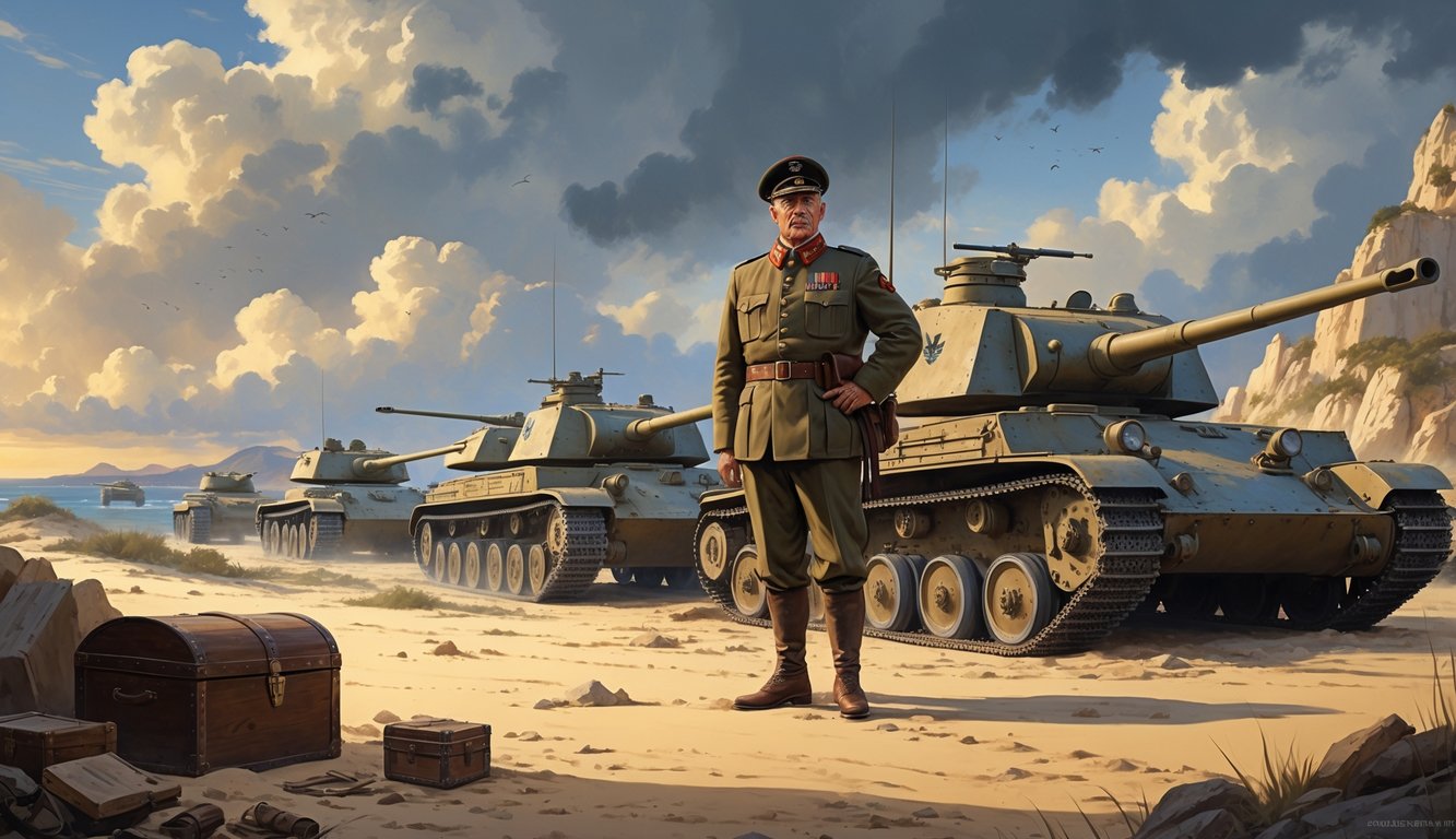 Erwin Rommel standing next to World War II tanks in a rocky desert landscape with hints of buried treasure nearby.
