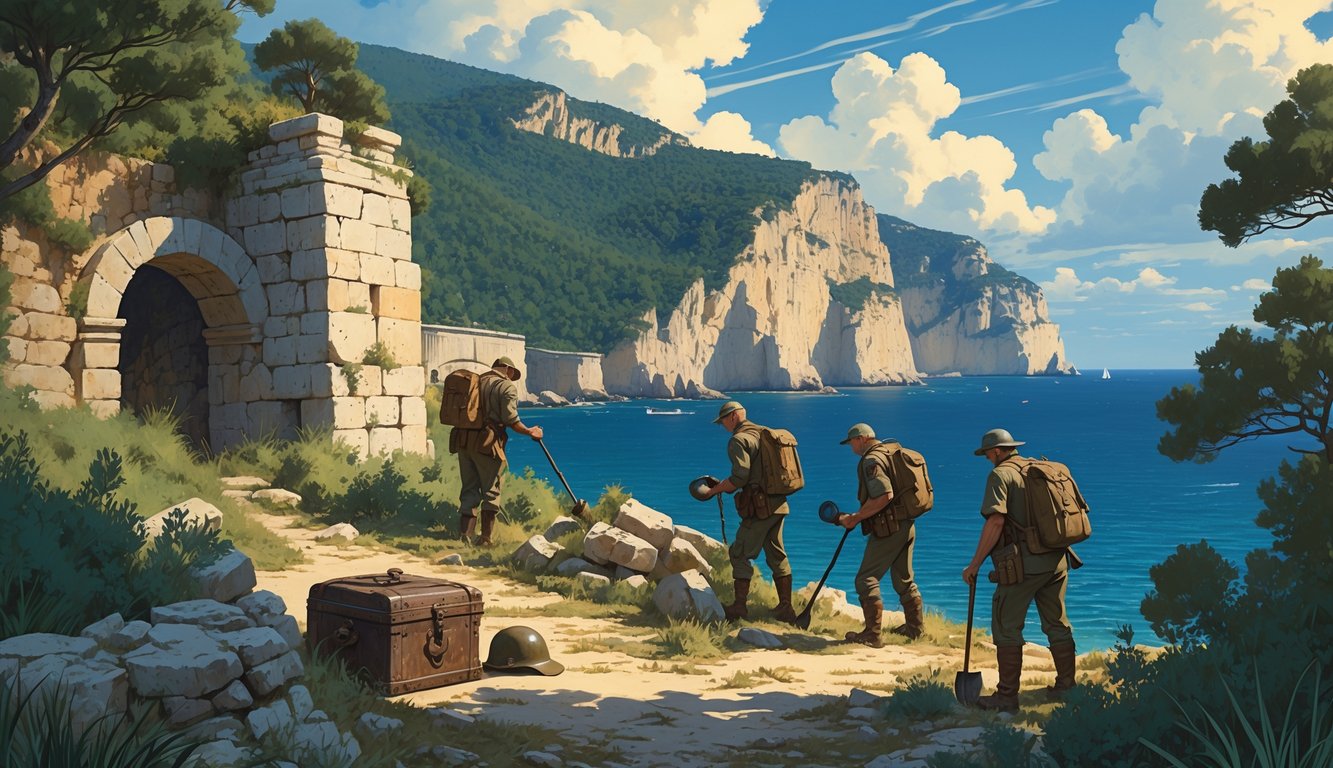 Treasure hunters exploring ancient ruins on a rocky Corsican coastline surrounded by pine trees and the sea, uncovering hidden World War II artifacts.
