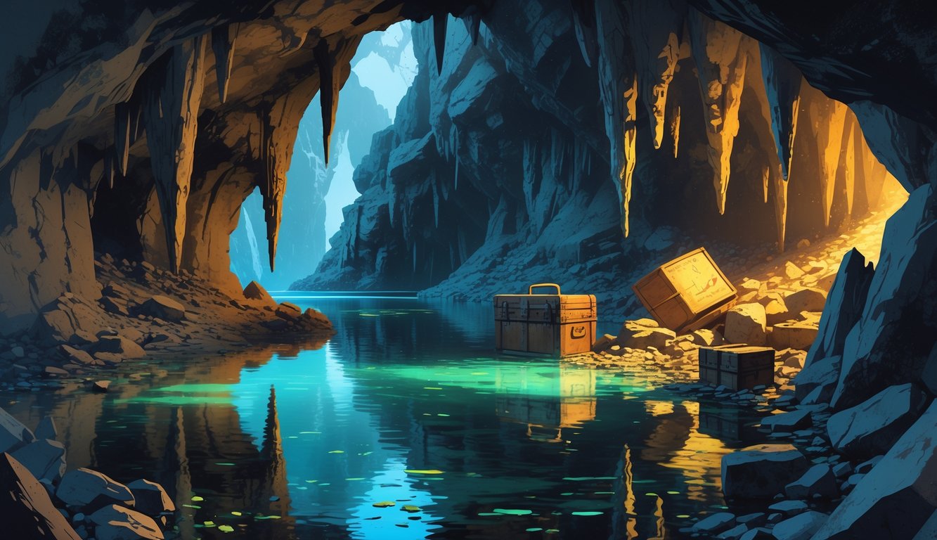 An underground cave in Corsica with clear lakes, rock formations, and old Nazi-era artifacts partially buried, suggesting hidden treasure.