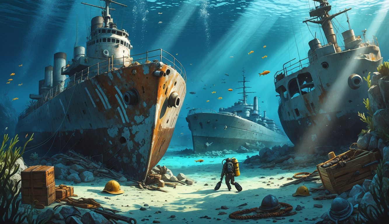 Underwater scene showing sunken World War II German ships and divers exploring relics on the ocean floor near Corsica.