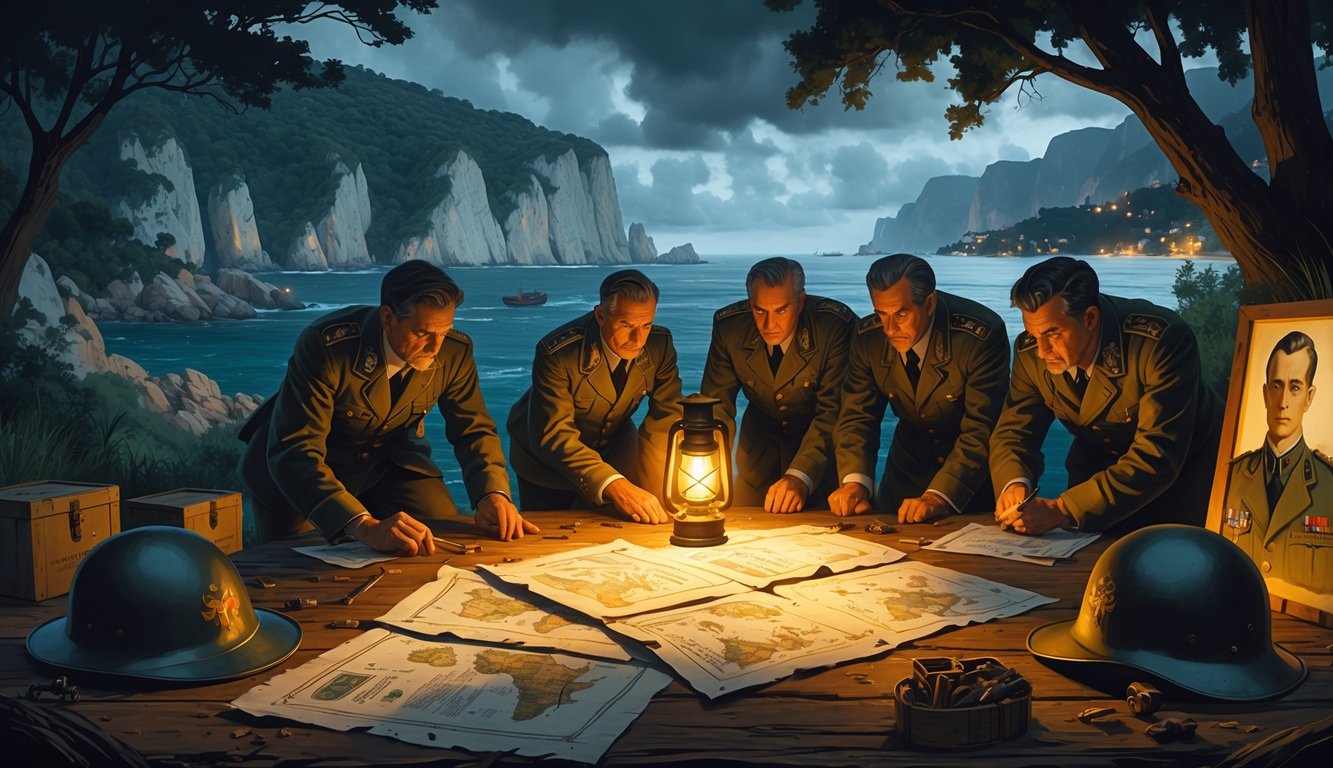 A group of treasure hunters on Corsica examining maps and artifacts outdoors near rocky cliffs and forests, searching for hidden World War II treasure.