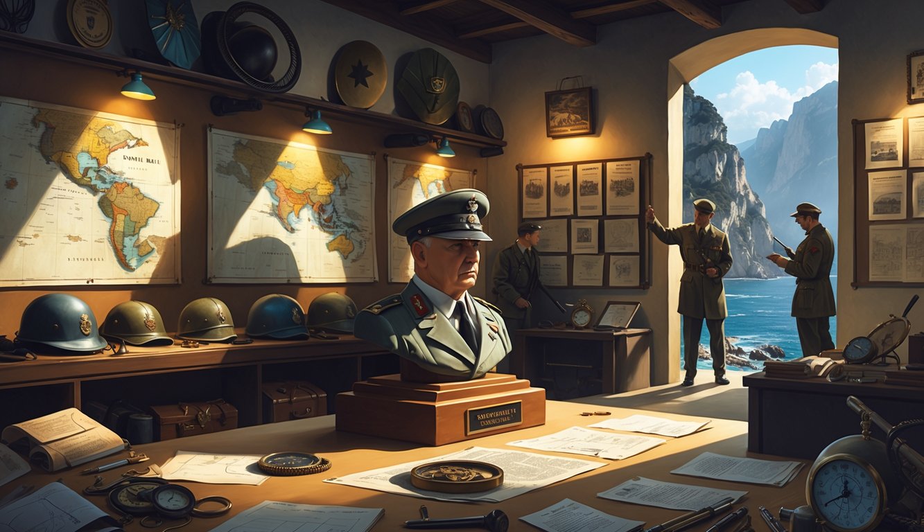 Museum room with WWII artifacts, researchers studying maps and equipment around a bust of Erwin Rommel, with a view of Corsican landscape through a window.
