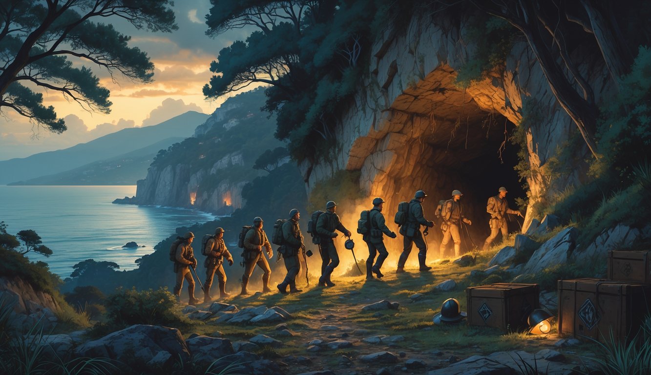A group of treasure hunters exploring a hidden cave entrance in a rugged Corsican forest near the sea, with old World War II artifacts nearby and mountains in the background.