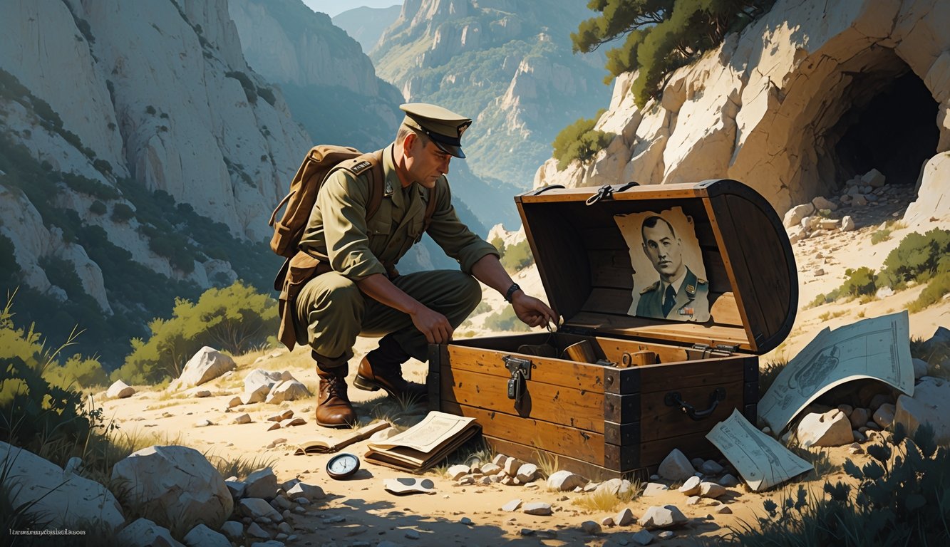 An explorer discovers a partially buried chest in the rocky mountains of Corsica, surrounded by old maps and vegetation, hinting at a hidden treasure.