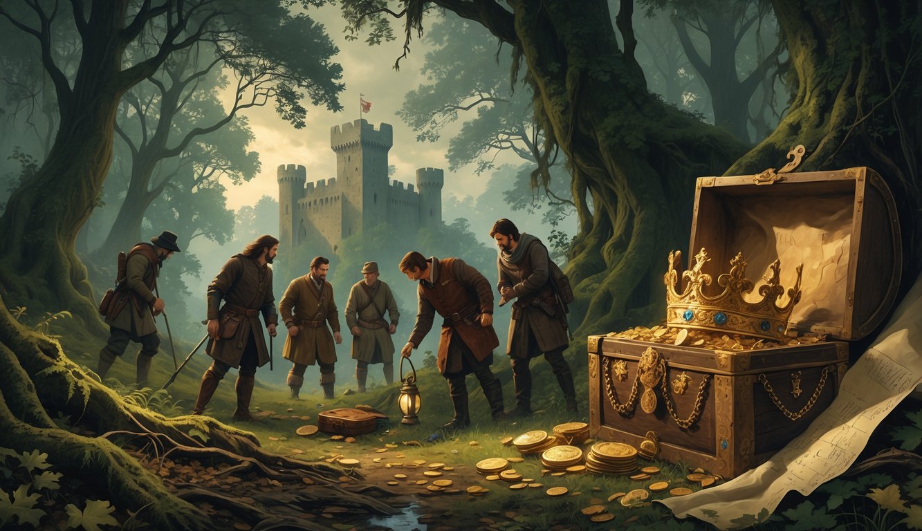 A group of medieval explorers searching a dense forest for a treasure chest containing gold and jeweled crown pieces, with a distant castle visible in the background.