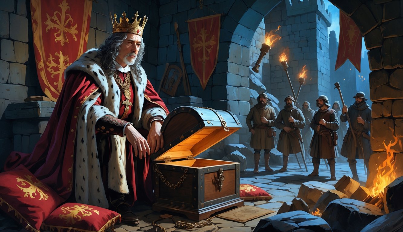 King John in a medieval castle looking troubled, with treasure hunters searching for lost crown jewels in a dimly lit stone chamber.