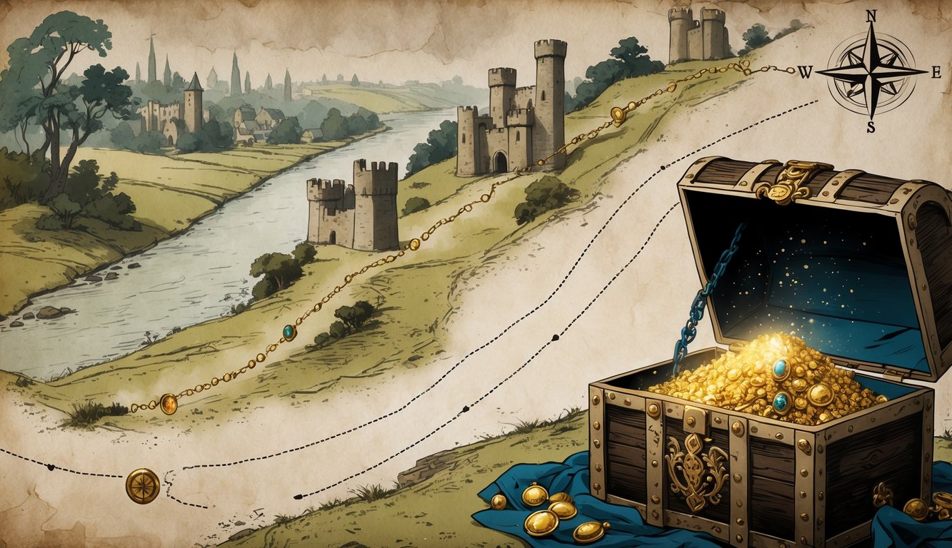 A map showing a route from King’s Lynn to Newark with medieval landmarks and a partially open treasure chest filled with gold and jewels.