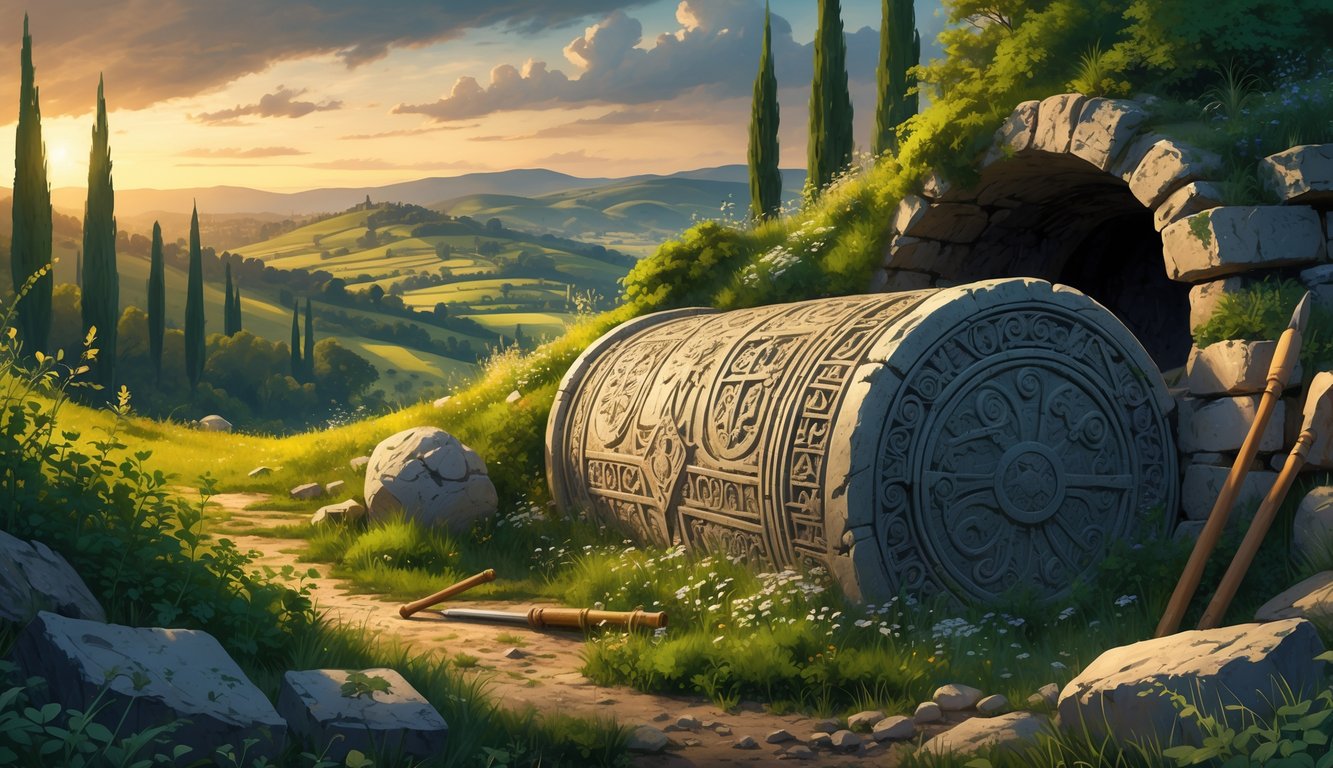 A partially uncovered ancient stone tomb with carved symbols surrounded by greenery and hills in the Italian countryside at dawn.