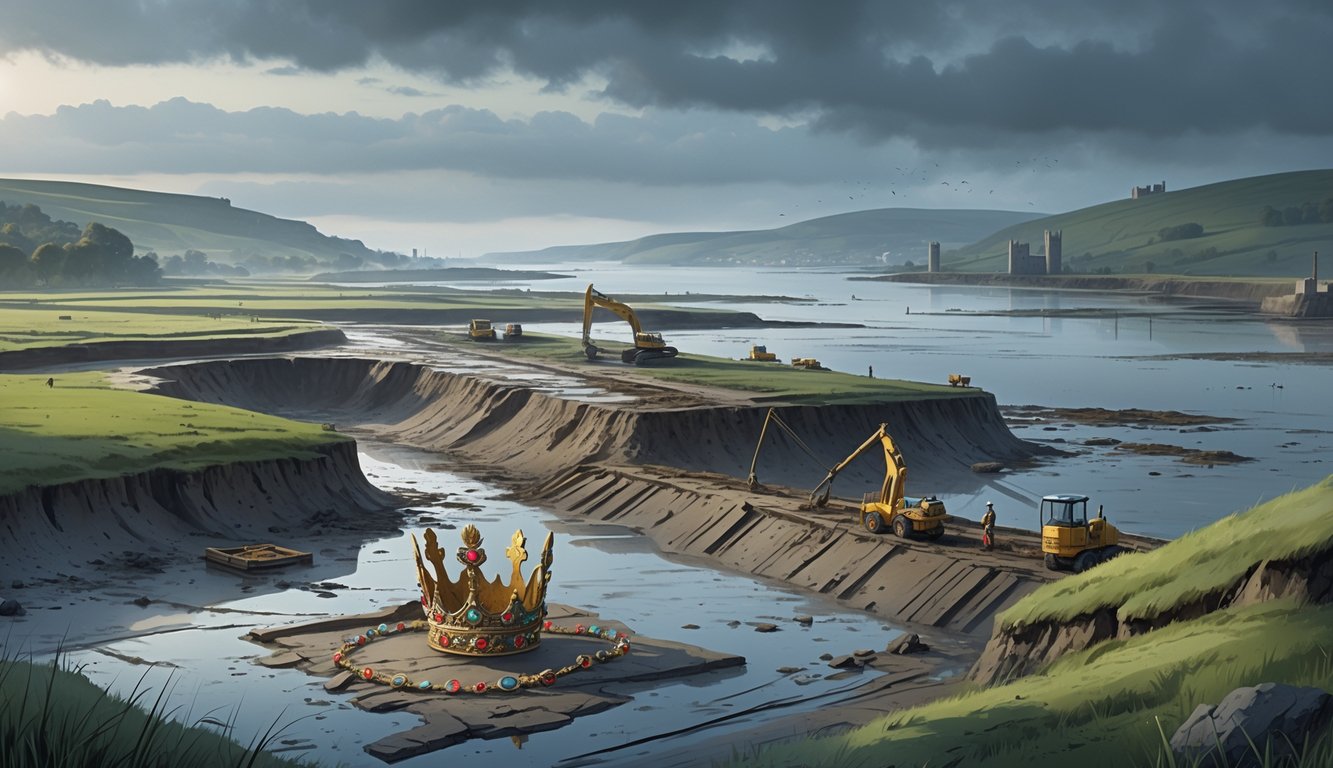 A coastal landscape in England with land reclamation work, showing marshlands, construction activity, and an archaeological site uncovering a jeweled crown near historic castles.