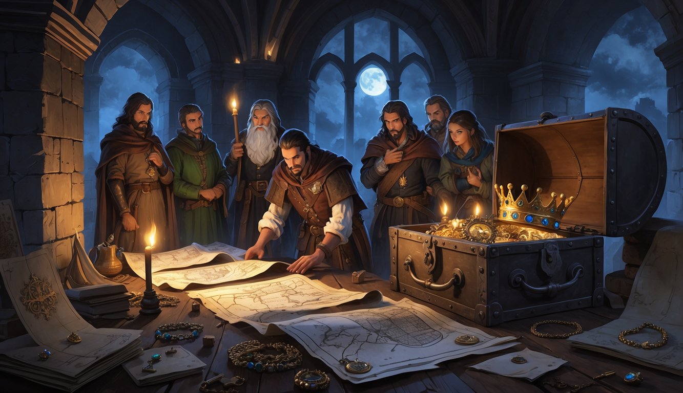 A group of treasure hunters in a medieval chamber examining maps and ancient artifacts near a partially open chest revealing glittering jewels and a golden crown.