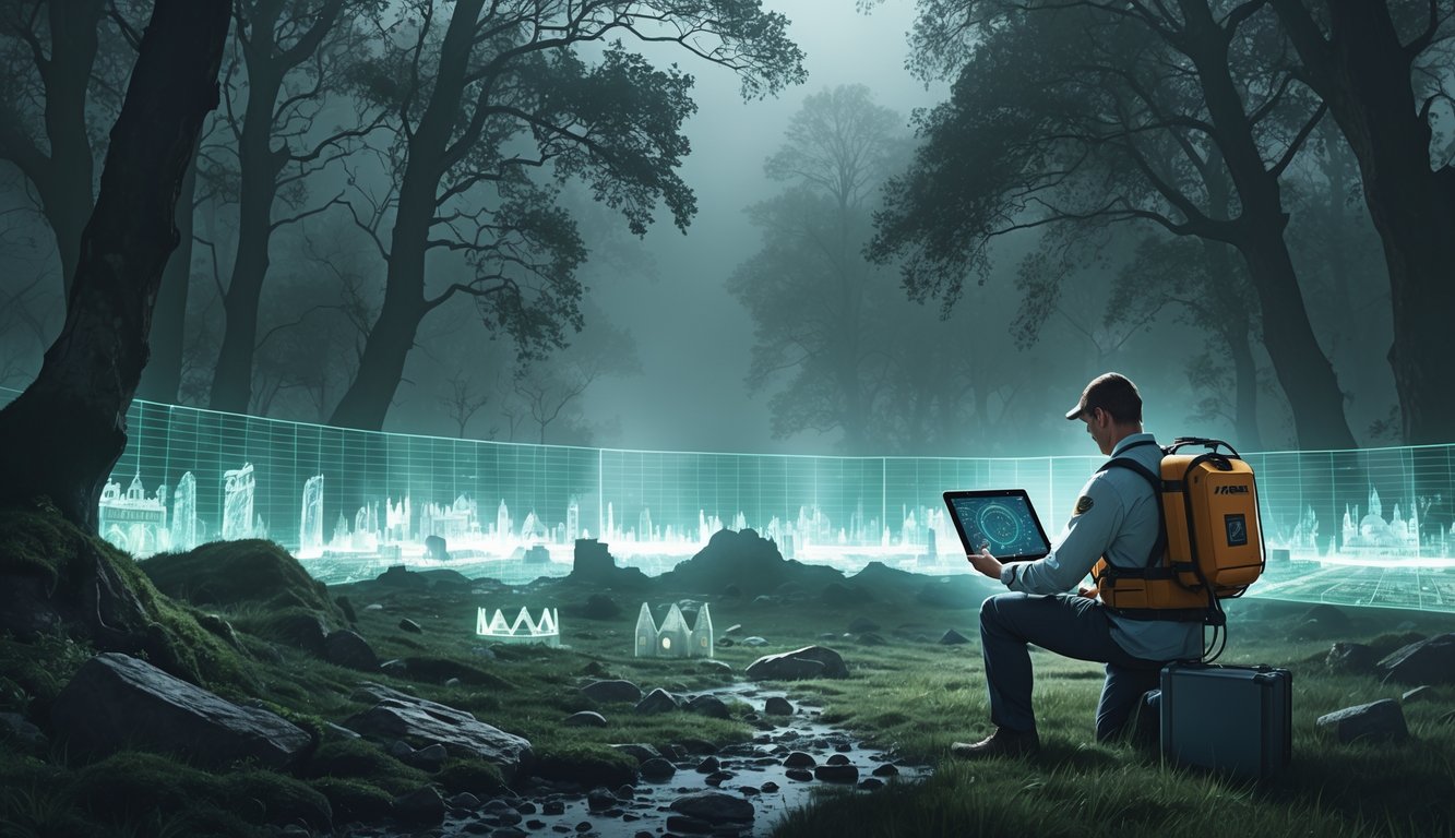 An archaeologist uses LiDAR technology to scan a dense English forest, revealing hidden medieval ruins and faint outlines of lost crown jewels beneath the ground.