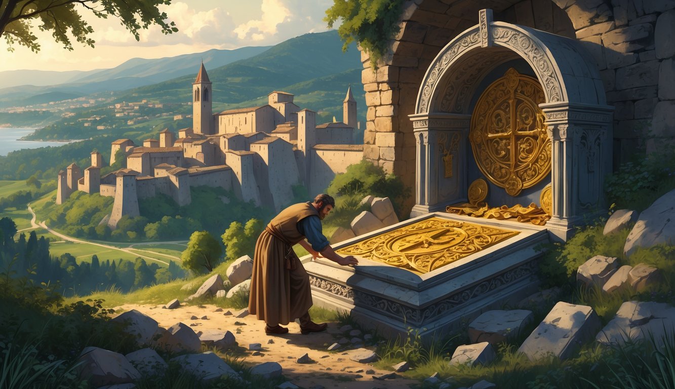 An archaeologist uncovering an ancient decorated tomb near the historic city of Cosenza, surrounded by hills and forests.