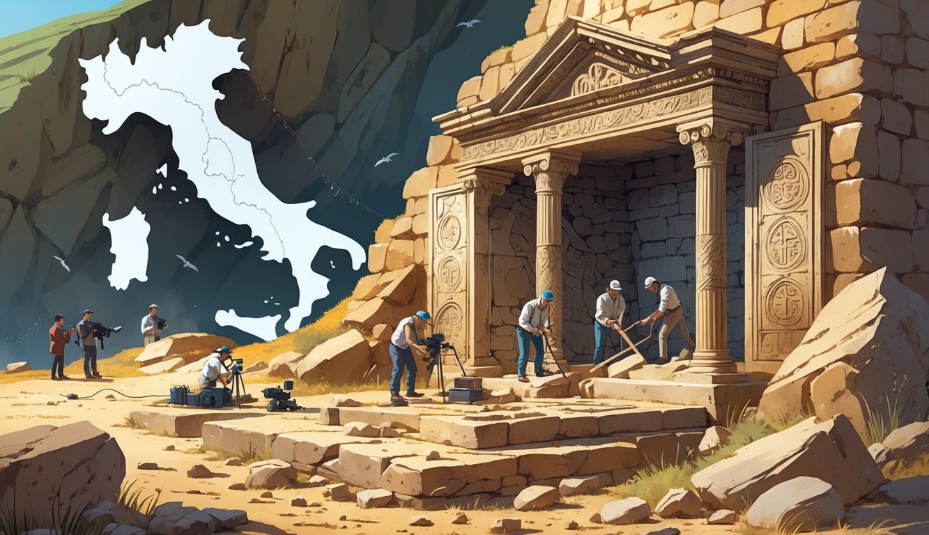 Archaeologists uncover an ancient stone tomb with intricate carvings in Italy, surrounded by modern media equipment and reporters.