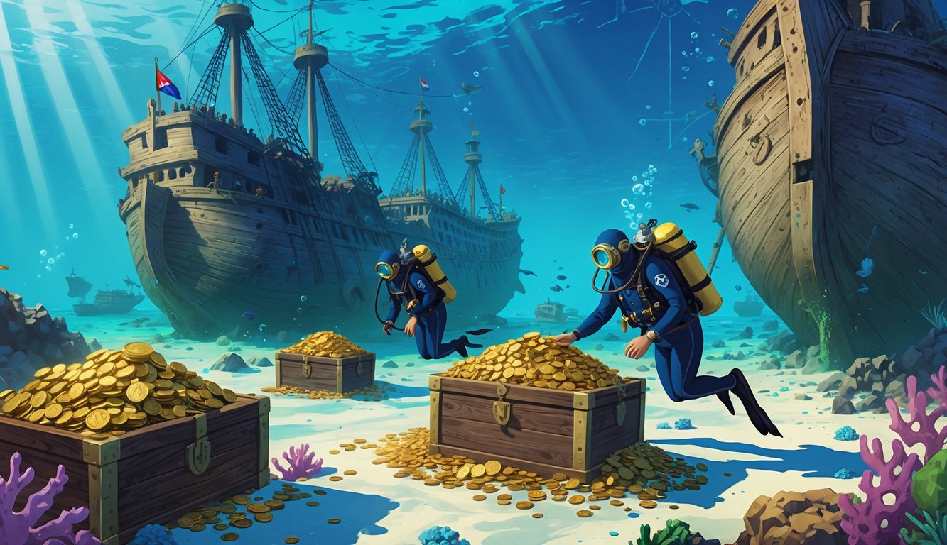 Underwater scene showing sunken Spanish treasure ships near Florida and Cuba with divers exploring chests of gold and jewels.