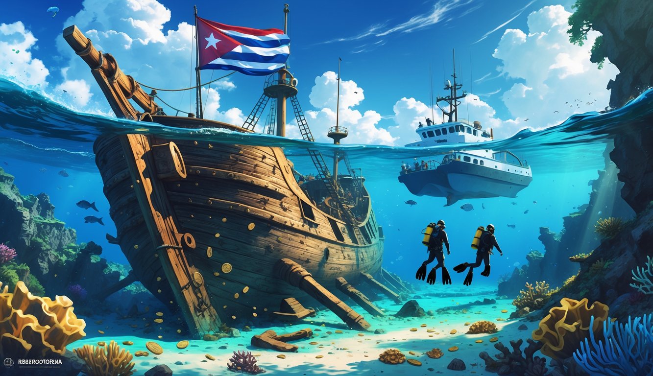 Divers explore a sunken Spanish shipwreck underwater near Florida and Cuba with a research vessel nearby and coastlines visible in the distance.