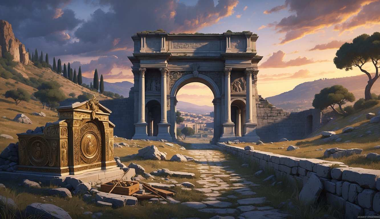 An ancient Roman stone city gate in an Italian landscape with a partially uncovered Visigothic tomb in the foreground surrounded by archaeological tools.