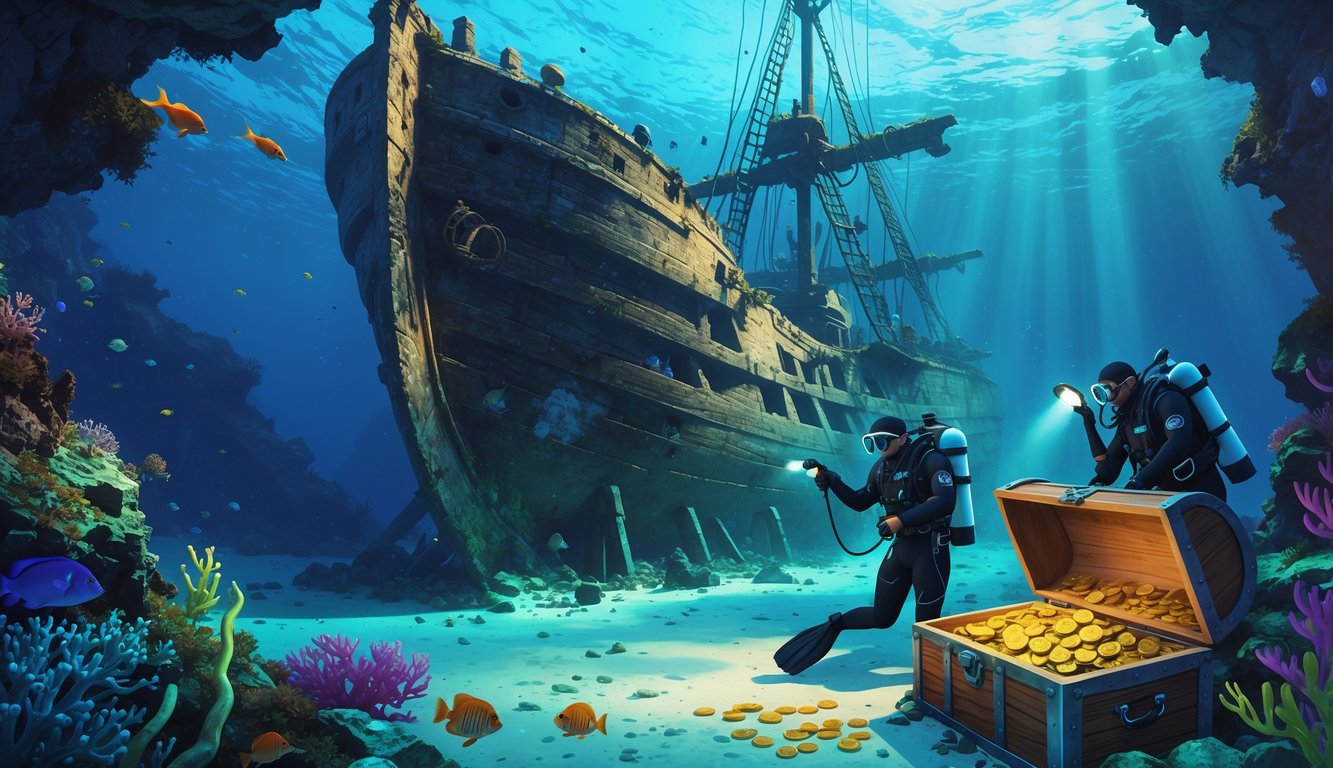 Divers exploring an ancient shipwreck underwater with a partially open treasure chest revealing gold coins and artifacts.
