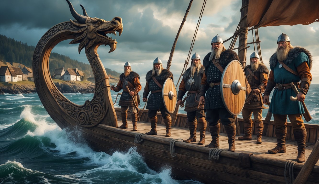 Viking warriors on a longship sailing near a medieval European coastal village with a fortress in the background.