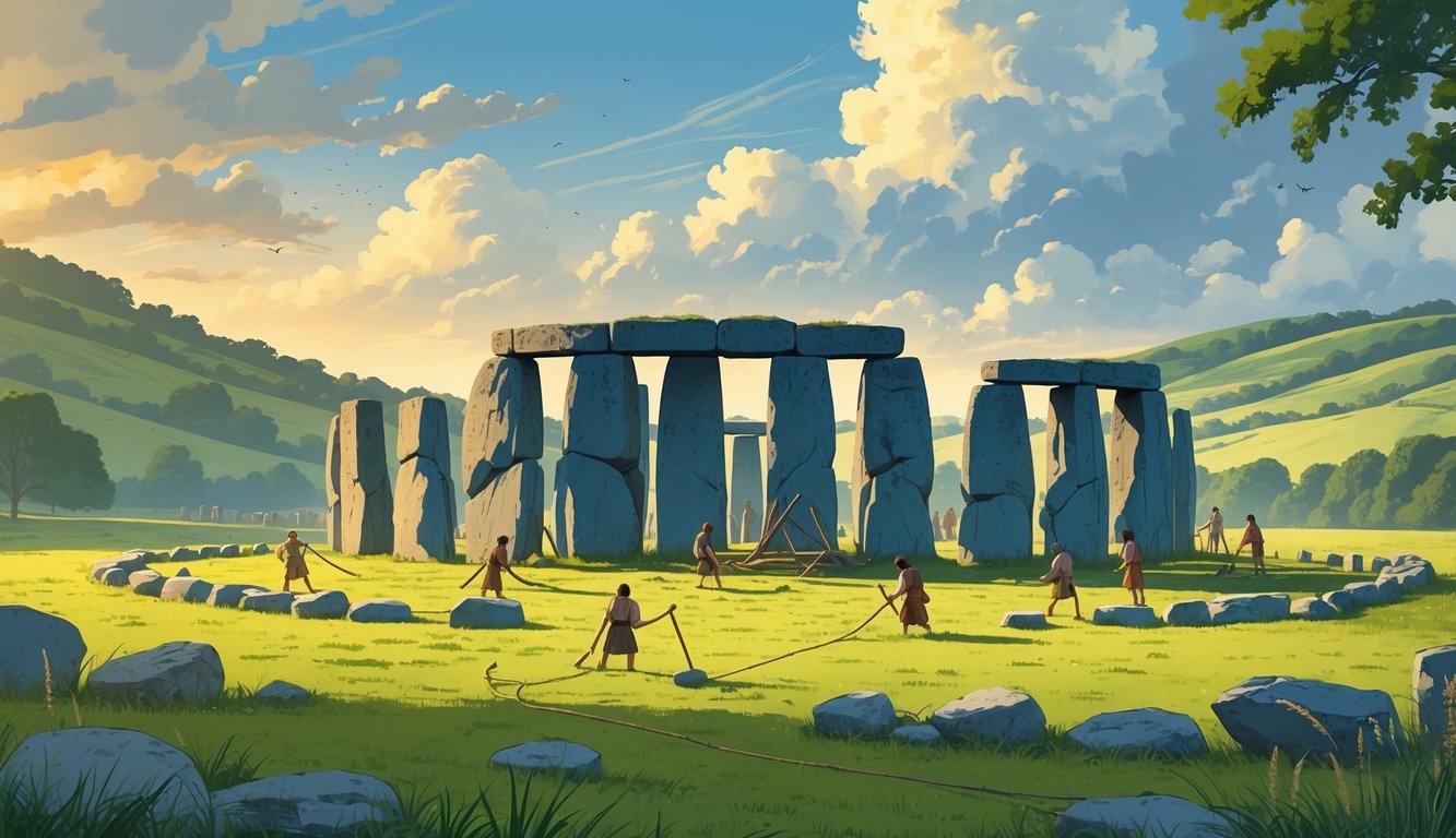 Stonehenge with standing stones on a grassy plain surrounded by early people building the monument, with hills and forests in the background.