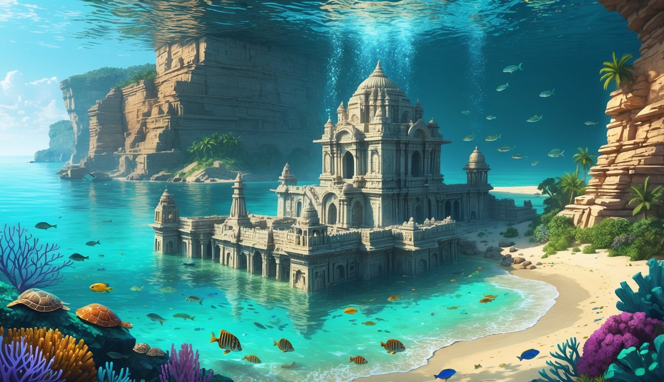 Underwater ancient city ruins with stone buildings and coral reefs near a tropical coastline with cliffs and vegetation.