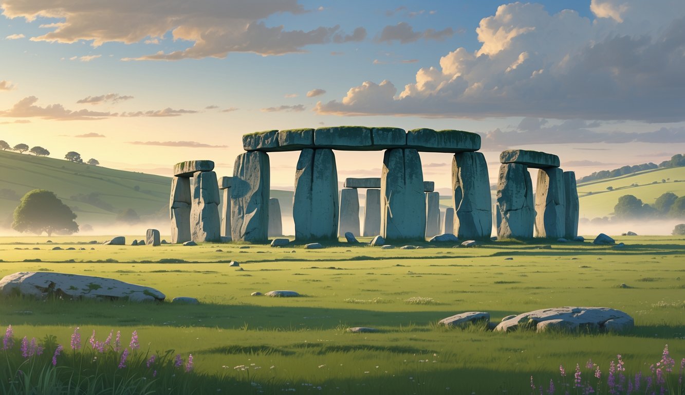 Stonehenge standing on a grassy plain with rolling hills and a partly cloudy sky in the background.