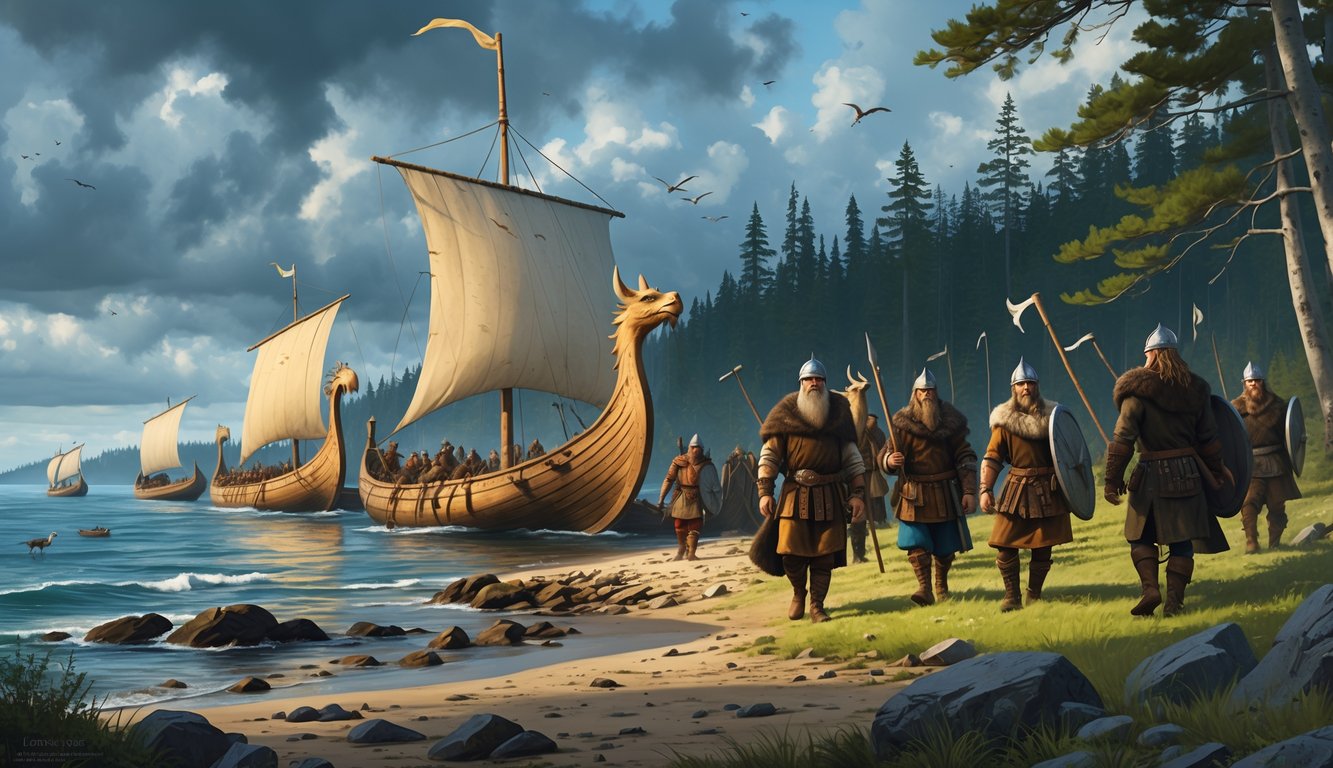 Vikings arriving on a rocky North American shore with longships and exploring the forested coastline.