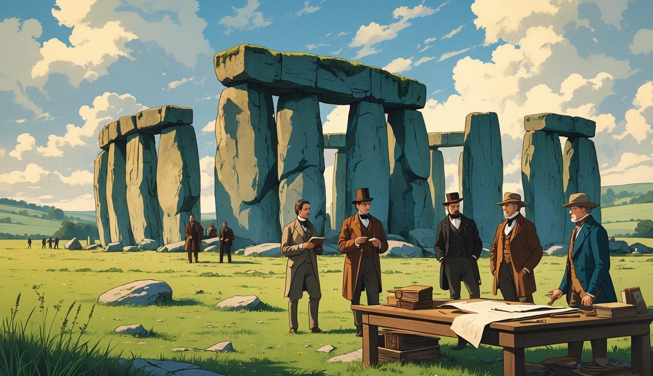 A group of 19th-century researchers studying the Stonehenge monument in a grassy landscape with rolling hills in the background.