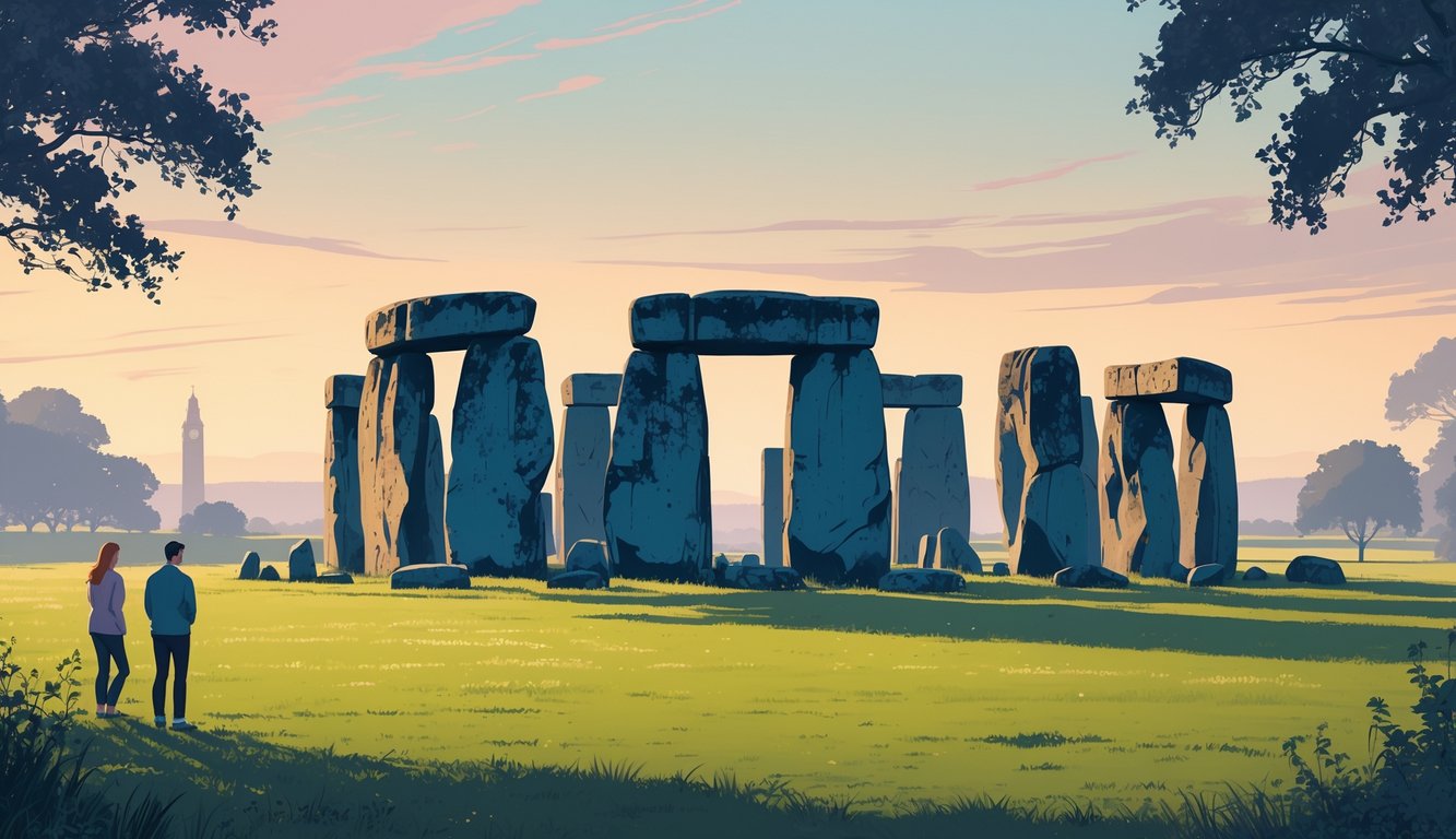 Stonehenge standing in a green field with visitors nearby and modern British landmarks visible in the distance under a soft morning sky.
