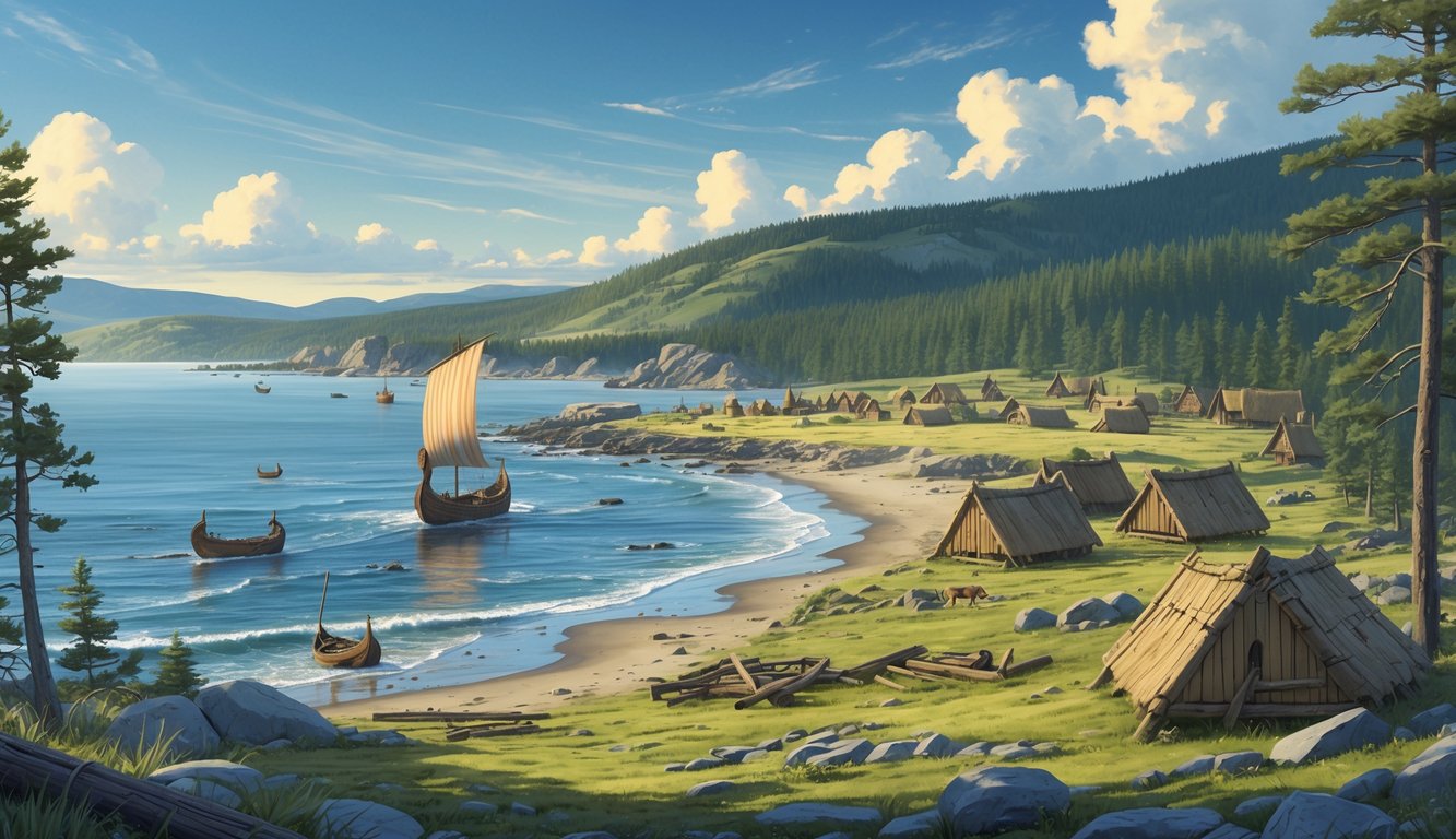 A coastal North American landscape showing Viking longhouses, ships near the shore, and forested hills in the background.