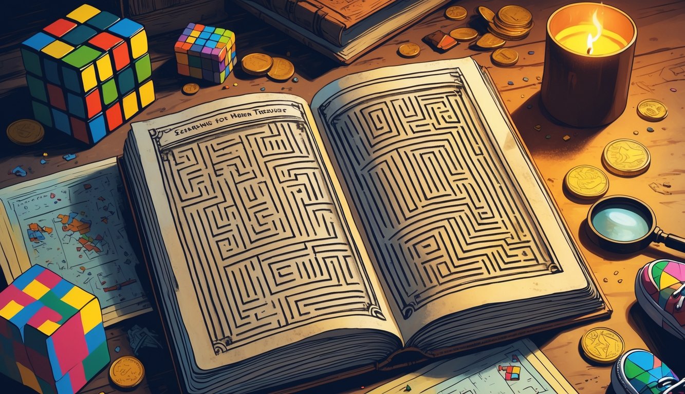 An open vintage puzzle book on a wooden desk surrounded by a magnifying glass, Rubik's Cube, sneakers, puzzle pieces, and old coins with warm candlelight.