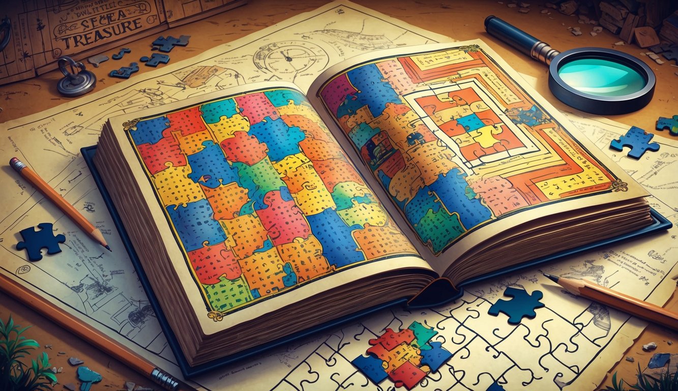 An open puzzle book with colorful puzzle patterns and cryptic symbols, surrounded by a magnifying glass, pencil, puzzle pieces, and faint treasure maps and keys in the background.