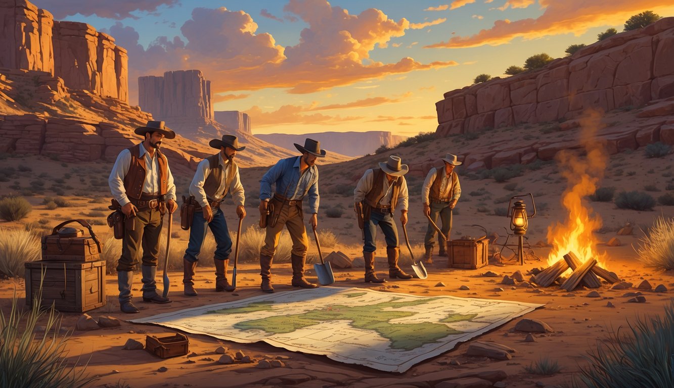 A group of treasure hunters in early 1900s Western clothing searching a desert area near rocky cliffs and an old hideout, with tools and a partially buried chest nearby.