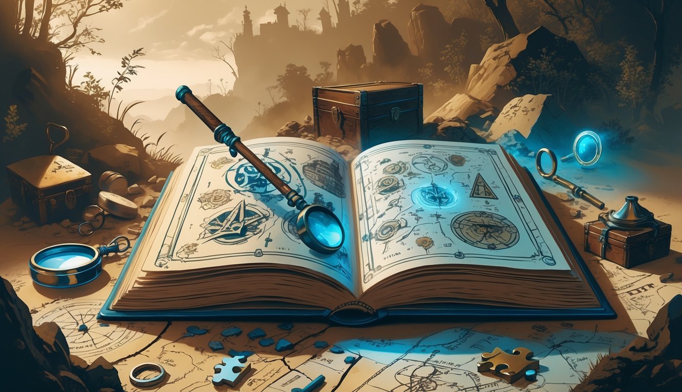 An open vintage book with glowing cryptic illustrations surrounded by a compass, magnifying glass, maps, and puzzle pieces, set against a misty landscape with hidden treasures.