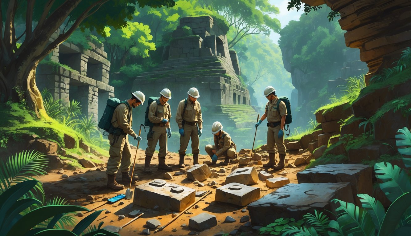 A group of scientists exploring an ancient archaeological site in a dense jungle, examining metallic artifacts and ruins.