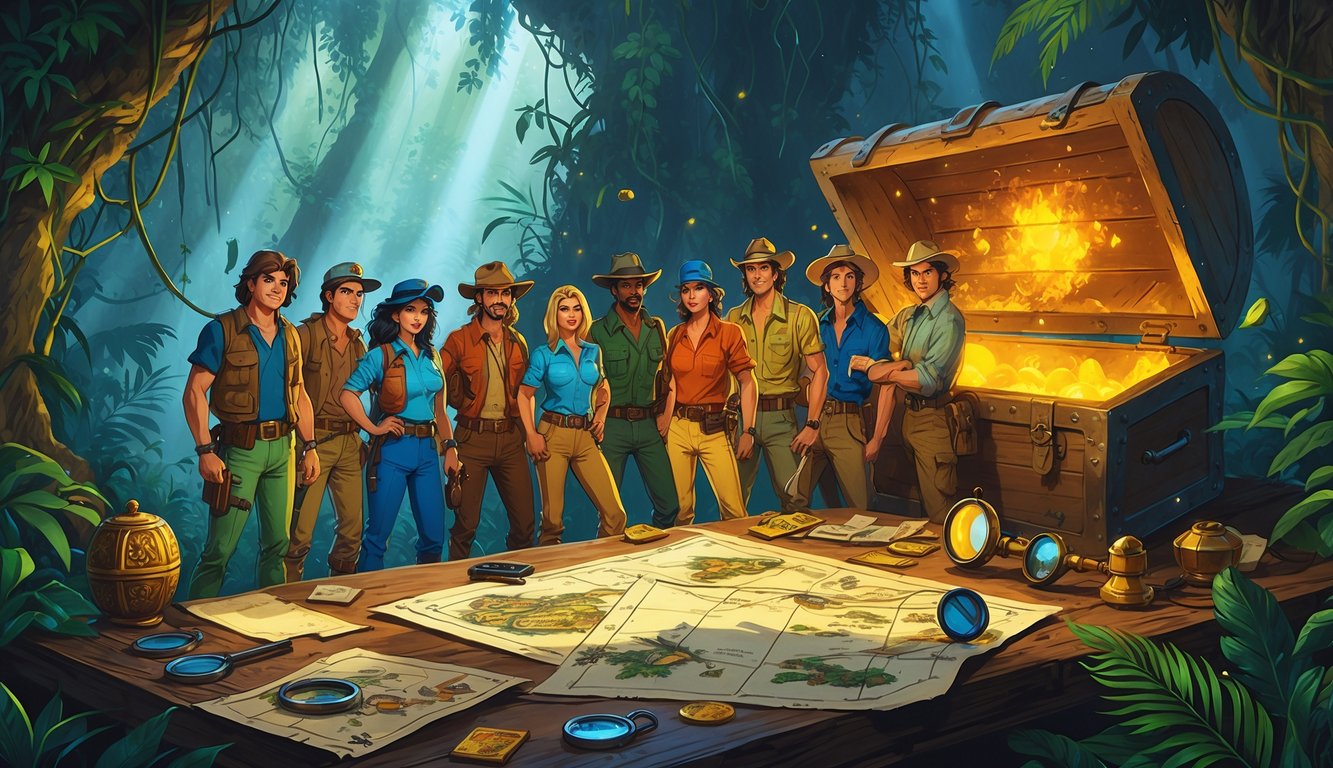 A group of people in 1980s explorer clothing searching for treasure in a jungle with maps, tools, and a glowing stone chest.