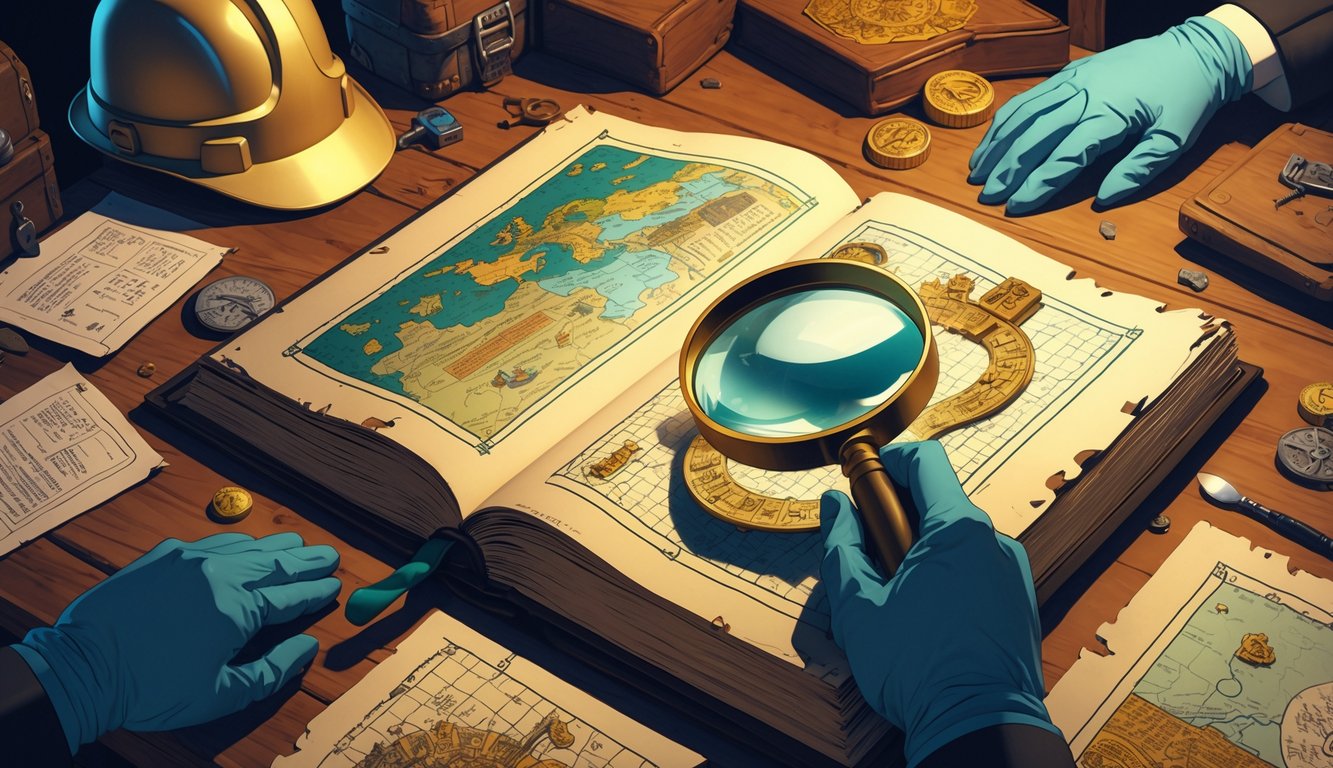 An open vintage puzzle book on a wooden table surrounded by puzzle pieces, a magnifying glass, ancient coins, keys, and preservation tools like gloves and a brush.