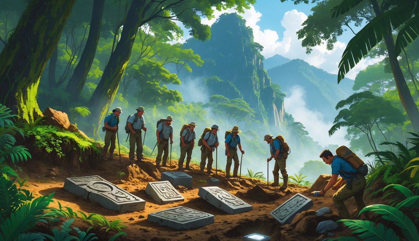 A group of explorers searching for ancient metal artifacts in a dense Ecuadorian rainforest surrounded by trees and mountains.