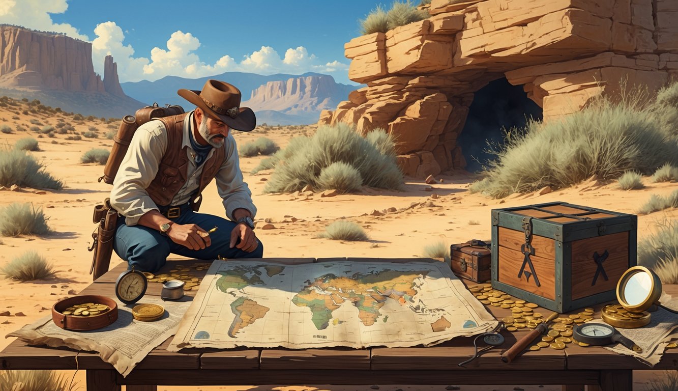 A treasure hunter examines an old map on a table with tools like a compass and pickaxe, set in a desert landscape with rocks, bushes, and a cave entrance in the background.