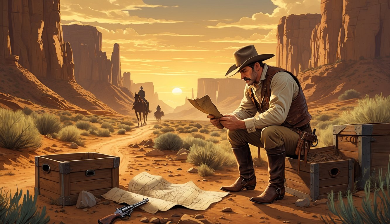 A treasure hunter studies a map in a dusty western landscape with rocky canyons, wooden crates, and a vintage revolver nearby under a sunset sky.