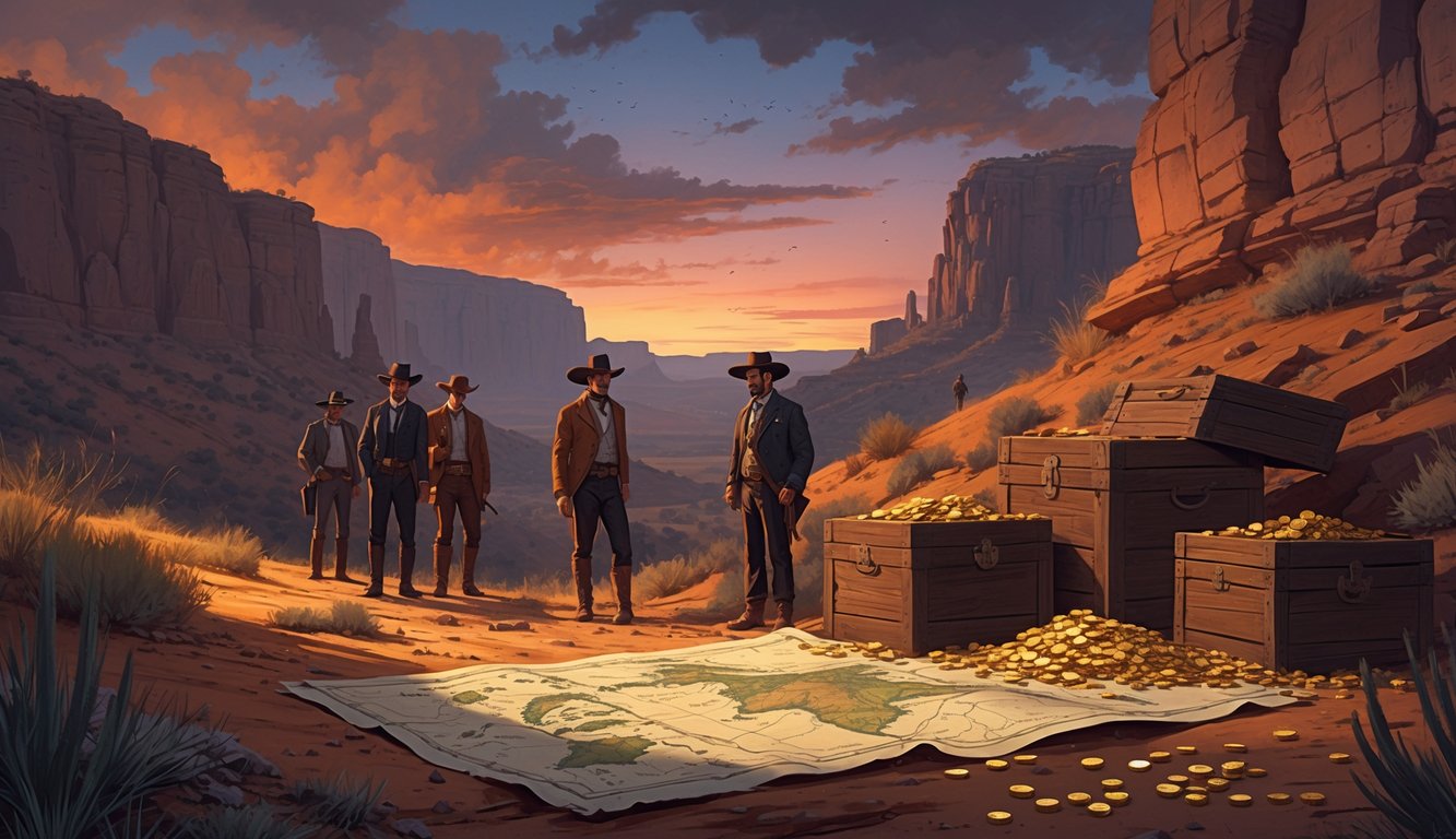 A group of treasure hunters studying a map near buried chests in a desert canyon at dusk, with an outlaw figure on horseback watching from a ridge.