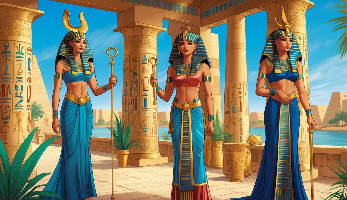 Several ancient Egyptian female rulers dressed in royal garments and headdresses standing in a palace courtyard with columns and the Nile River in the background.