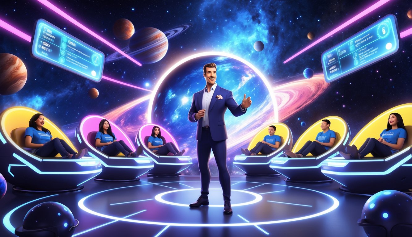 A game show set in space with a male host standing on stage surrounded by contestants seated in glowing pods shaped like planets, with stars and galaxies in the background.