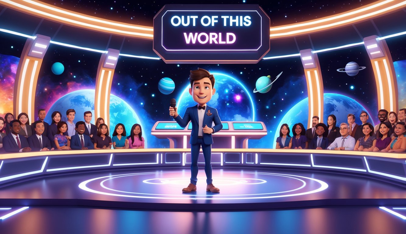 A male host stands on a futuristic game show stage with cosmic visuals and a diverse audience watching, creating an exciting trivia game atmosphere.