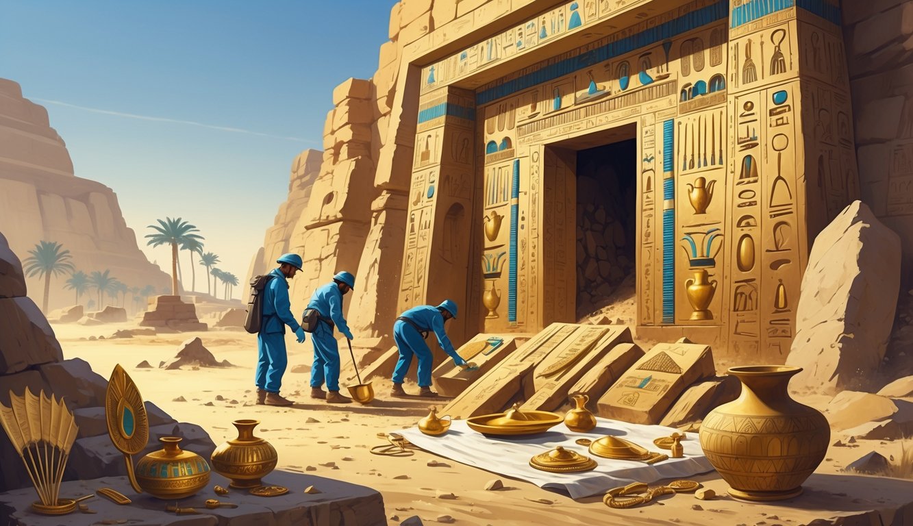 Archaeologists uncover an ancient Egyptian queen's tomb decorated with hieroglyphics and royal artifacts in a desert excavation site.