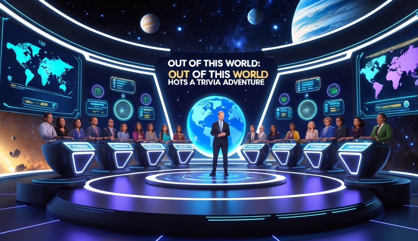 A game show host stands on a futuristic space-themed stage with contestants at glowing podiums, surrounded by planets and stars.