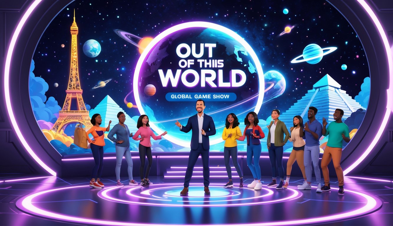 A male host stands on a futuristic space-themed stage with holograms of famous world landmarks and diverse contestants engaged in a trivia game.