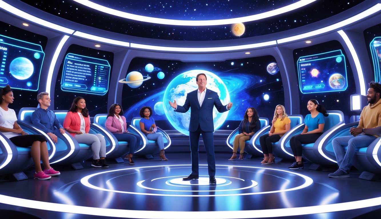 A male host stands on a futuristic space-themed game show stage with diverse contestants seated around him, surrounded by glowing holographic screens and cosmic visuals.