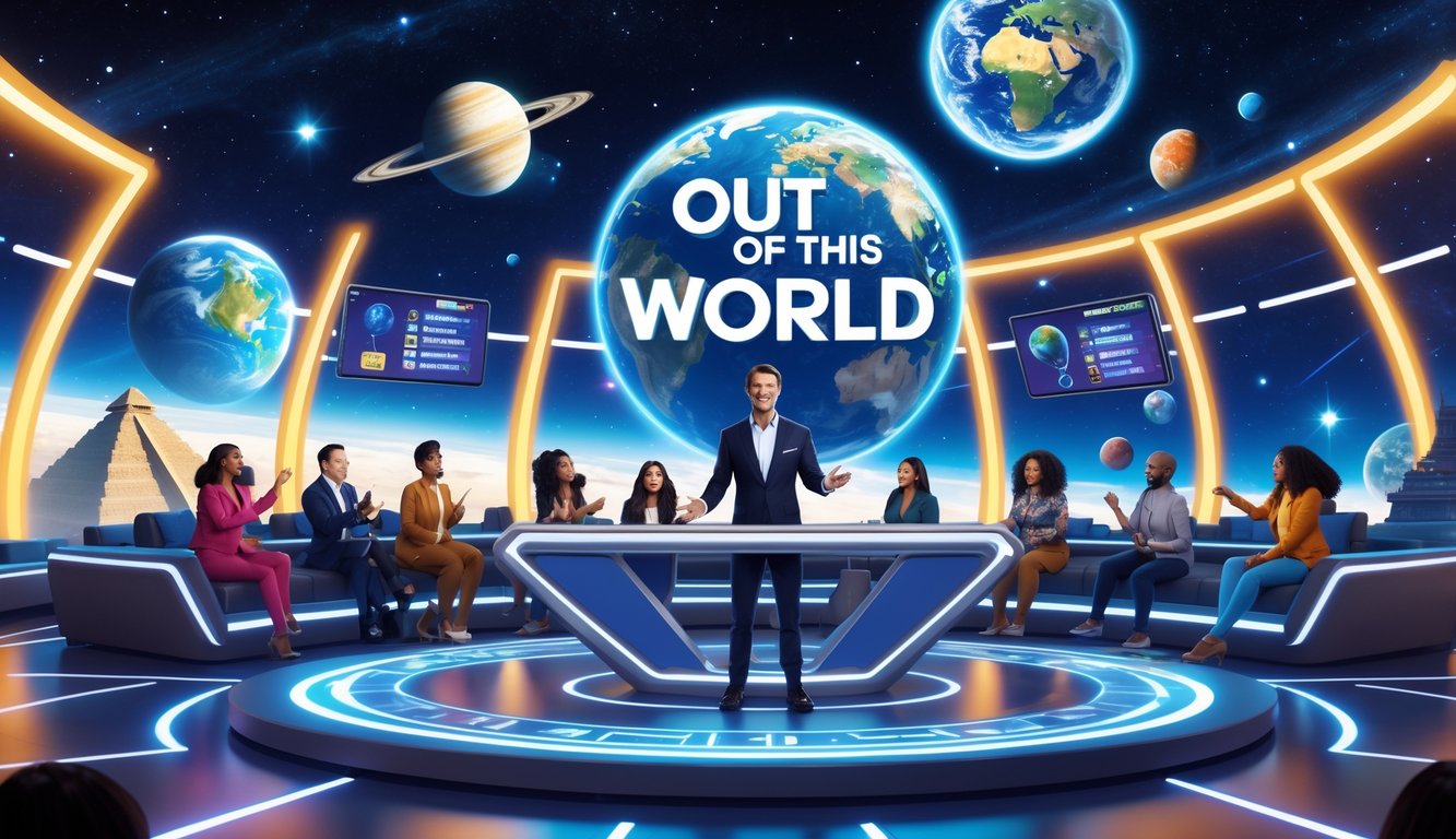 A game show host stands at a high-tech podium in space with Earth and famous landmarks from around the world visible in the background, surrounded by engaged contestants and futuristic game elements.
