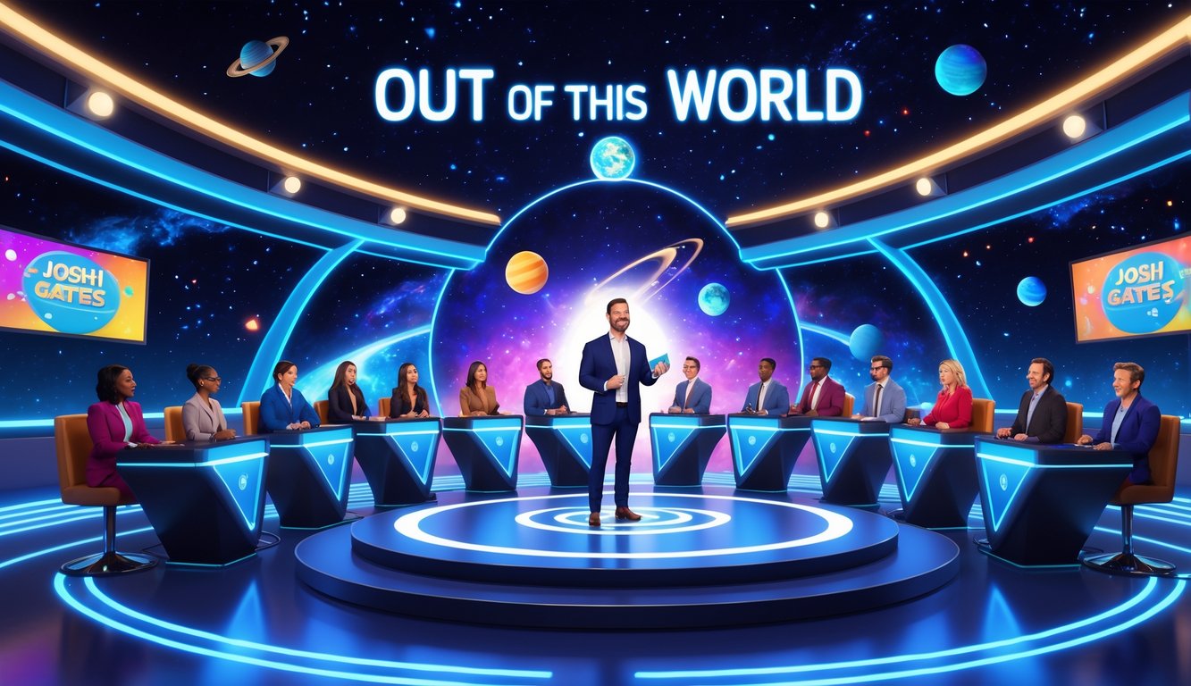 A male host stands on a space-themed game show stage with contestants seated at podiums, surrounded by glowing stars and planets.