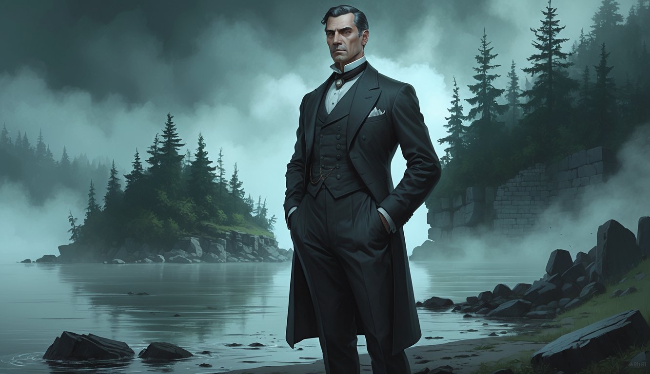 A man in vintage dark clothing stands on a rocky shore with a foggy island and ruins in the background, surrounded by mist and mysterious shadows.